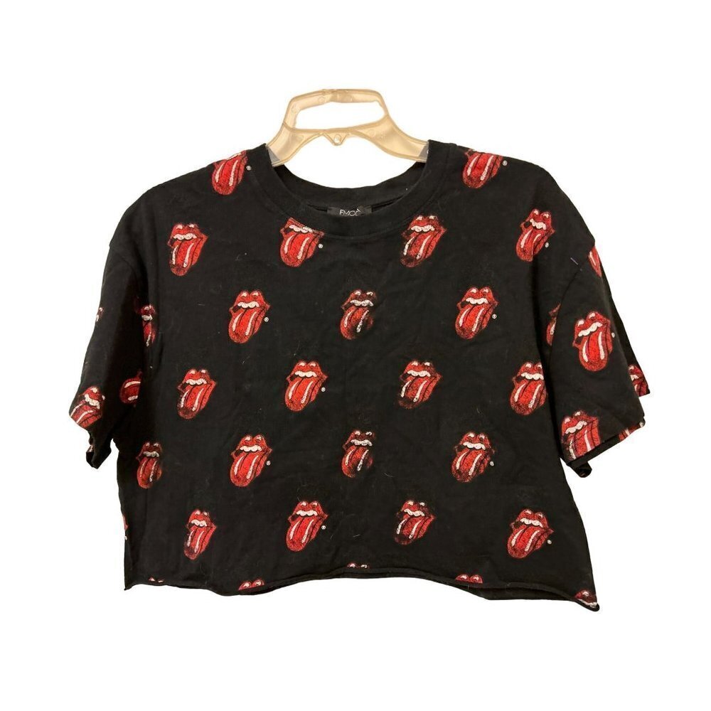 Women's Med Rolling Stones Tong Pattern Crop Top Black